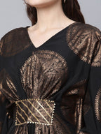 Ahalyaa Women Black Crepe Copper Foil Printed Flared Sleeve Kaftan Kurta | Grocsy