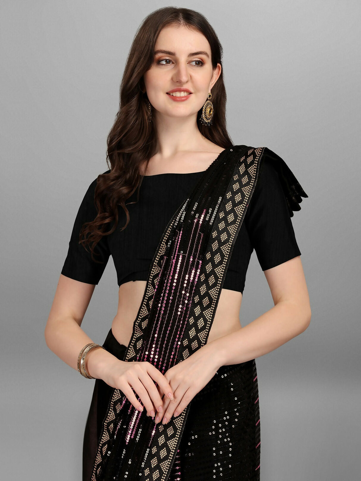 Vegaa Fashion Black Georgette Embroidered Party Wear Saree | Grocsy