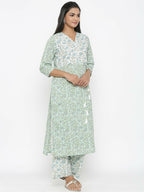 Miravan Women's Floral Jaipuri Cotton Kurta Palazzo With Tassel Set | Grocsy