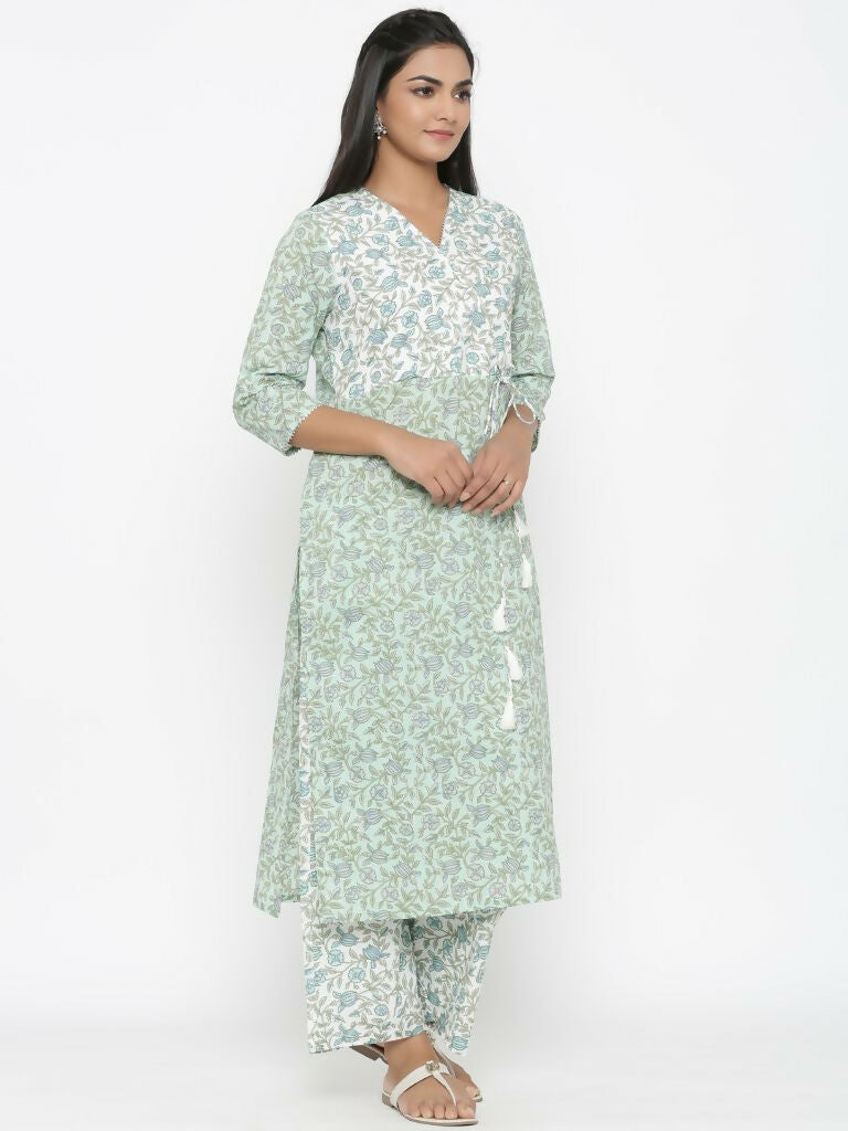 Miravan Women's Floral Jaipuri Cotton Kurta Palazzo With Tassel Set | Grocsy