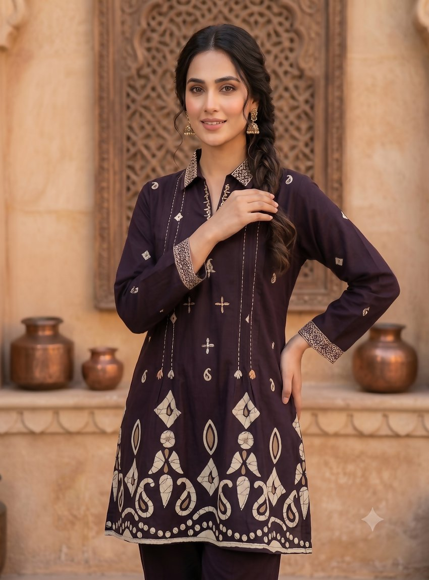 Teeya Creation Women Wine Printed Cotton Kurti With Trousers Co-Ord Set | Grocsy