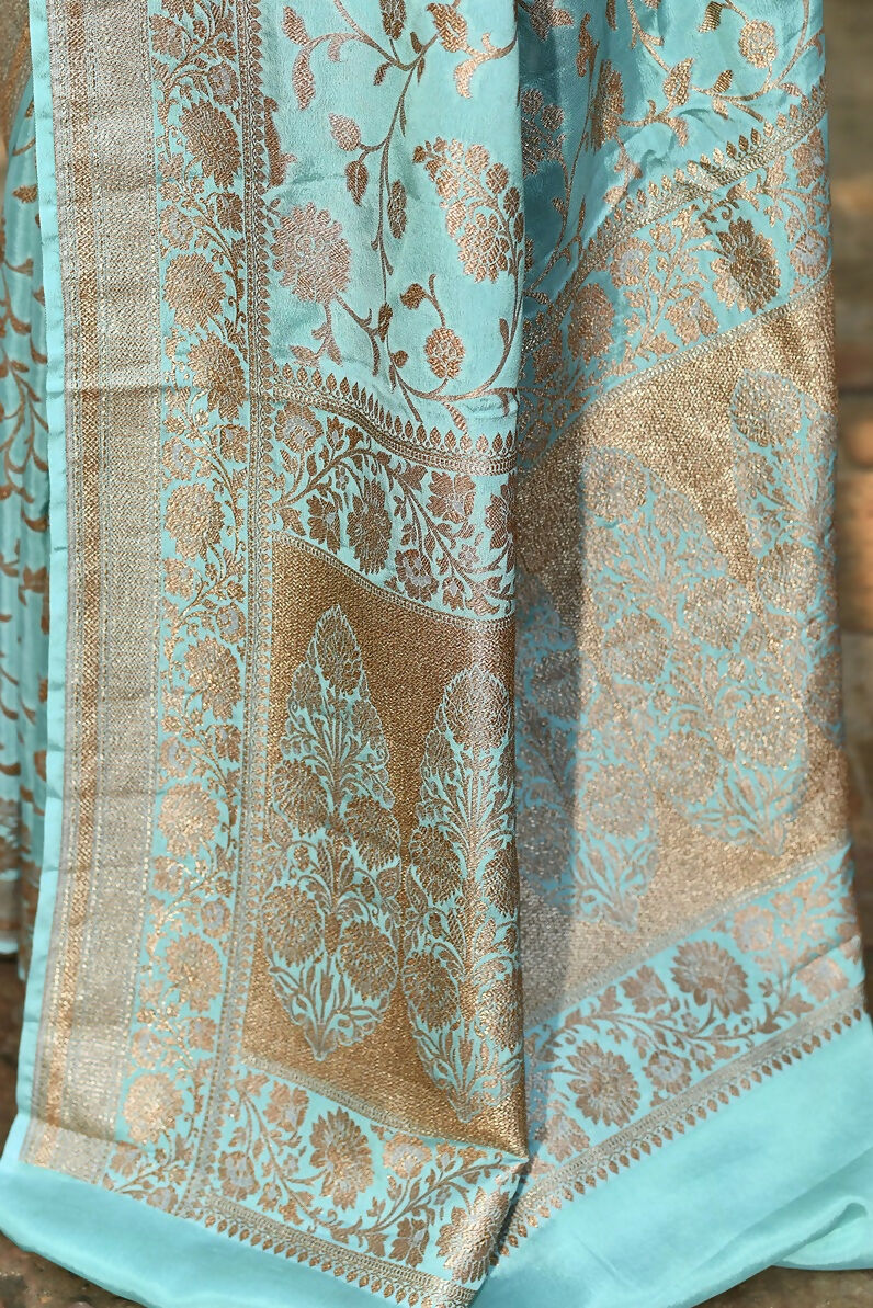 Joban Fashion Aqua Crepe Chiffon Pure Handloom Banarasi Silk Saree | Grocsy