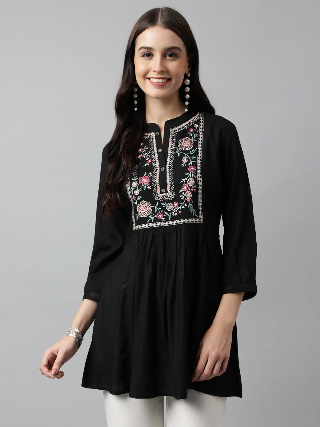 Black Rayon Yoke Embroidered A-line Top - Tarini | Grocsy