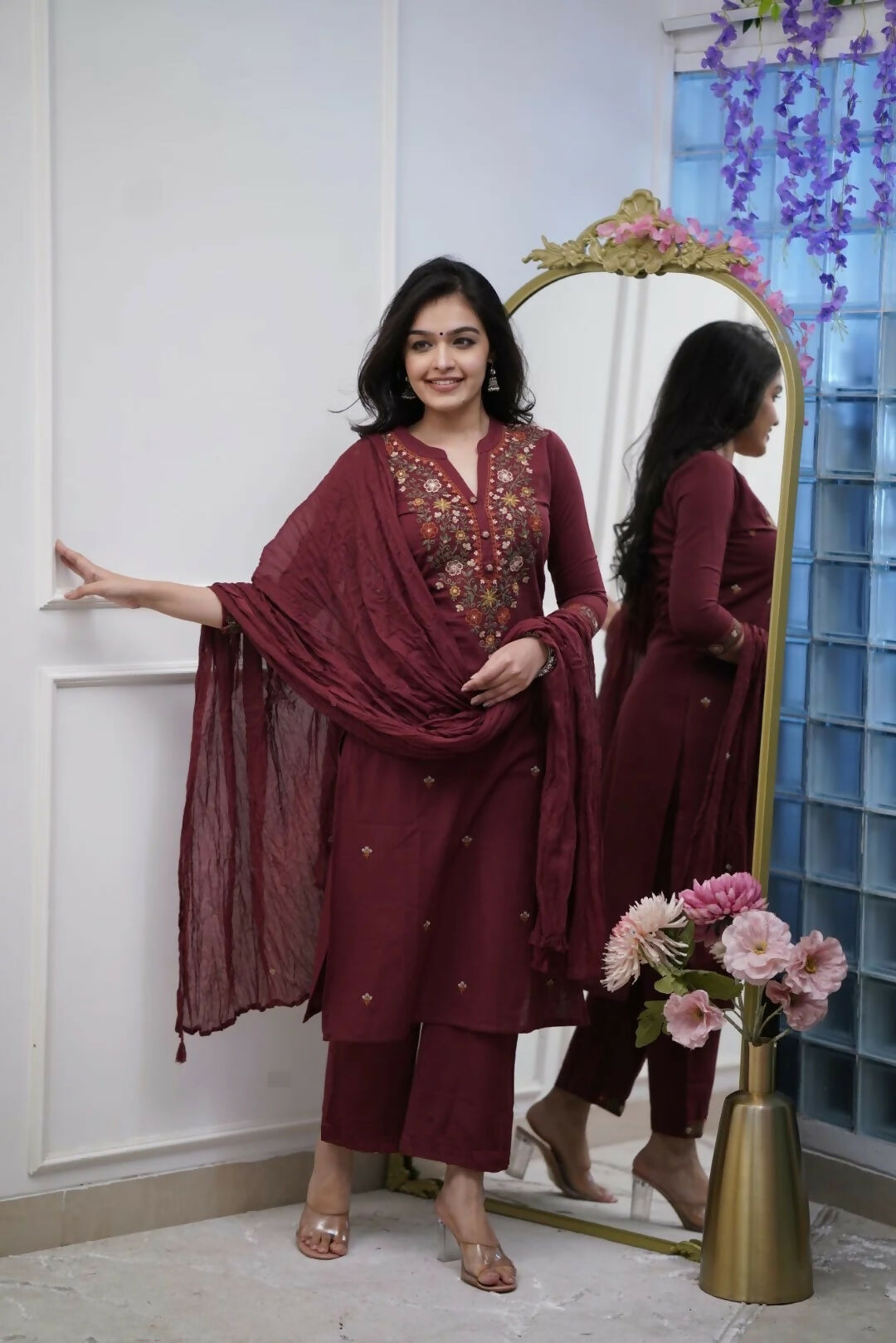 The52 Women's Beautiful Rayon Slub Fabric Thread Work Straight Kurta Pant and Dupatta Set | Grocsy