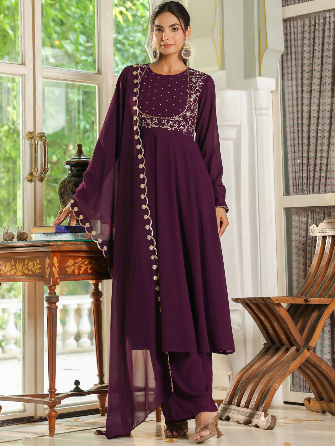 Janasya Purple Georgette Embroidered Kurta,Bottom & Dupatta | Grocsy