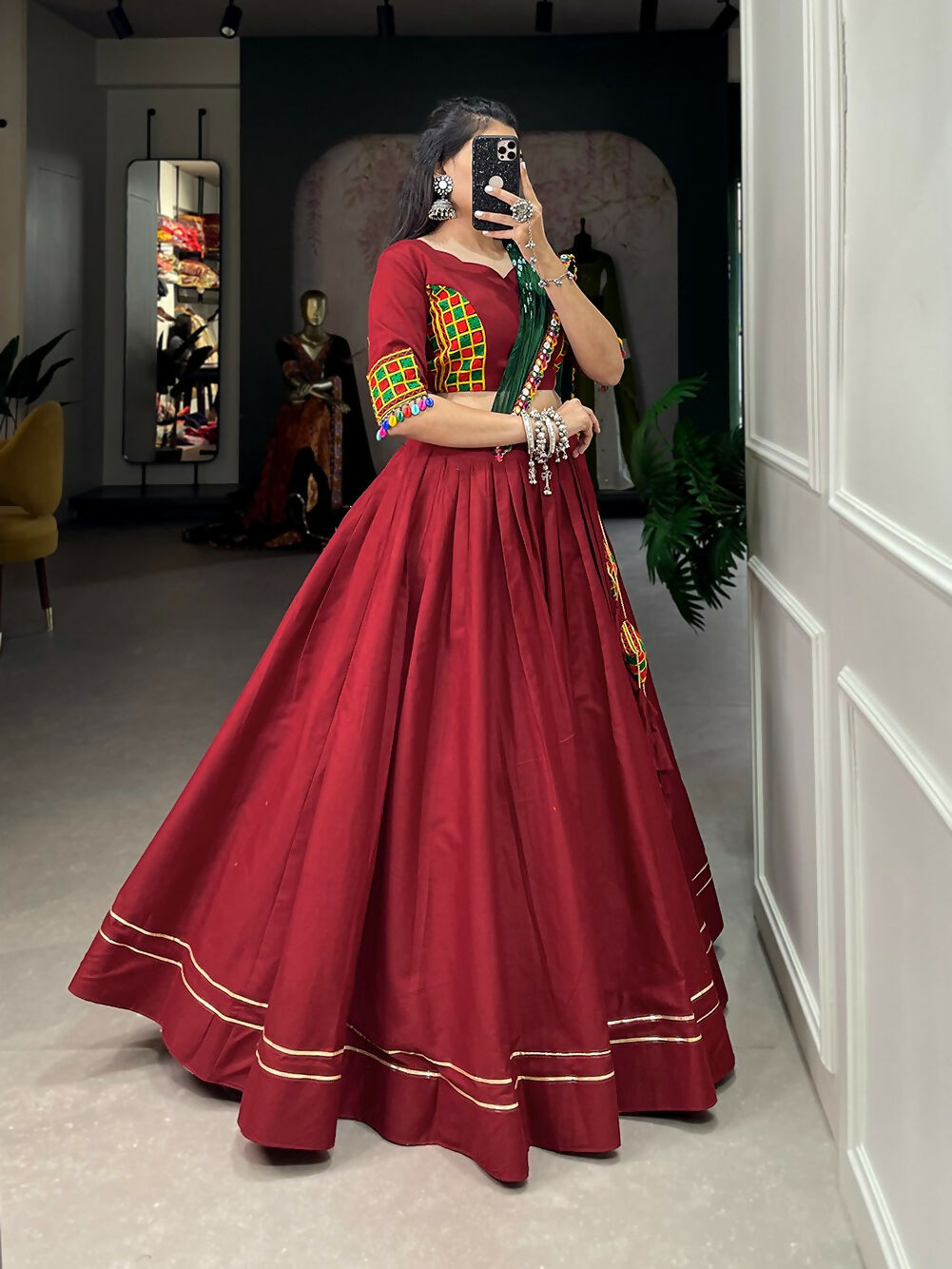 Vastranavya Navaratri Special Pure Cotton Plain With Gotta Patti Touch Up Lehenga Stitched Choli - Maroon | Grocsy