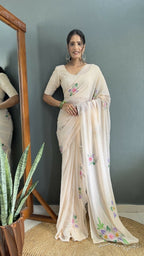 Aayaa Designer 1 min Hand Painted Ready to Wear saree - Off White | Grocsy