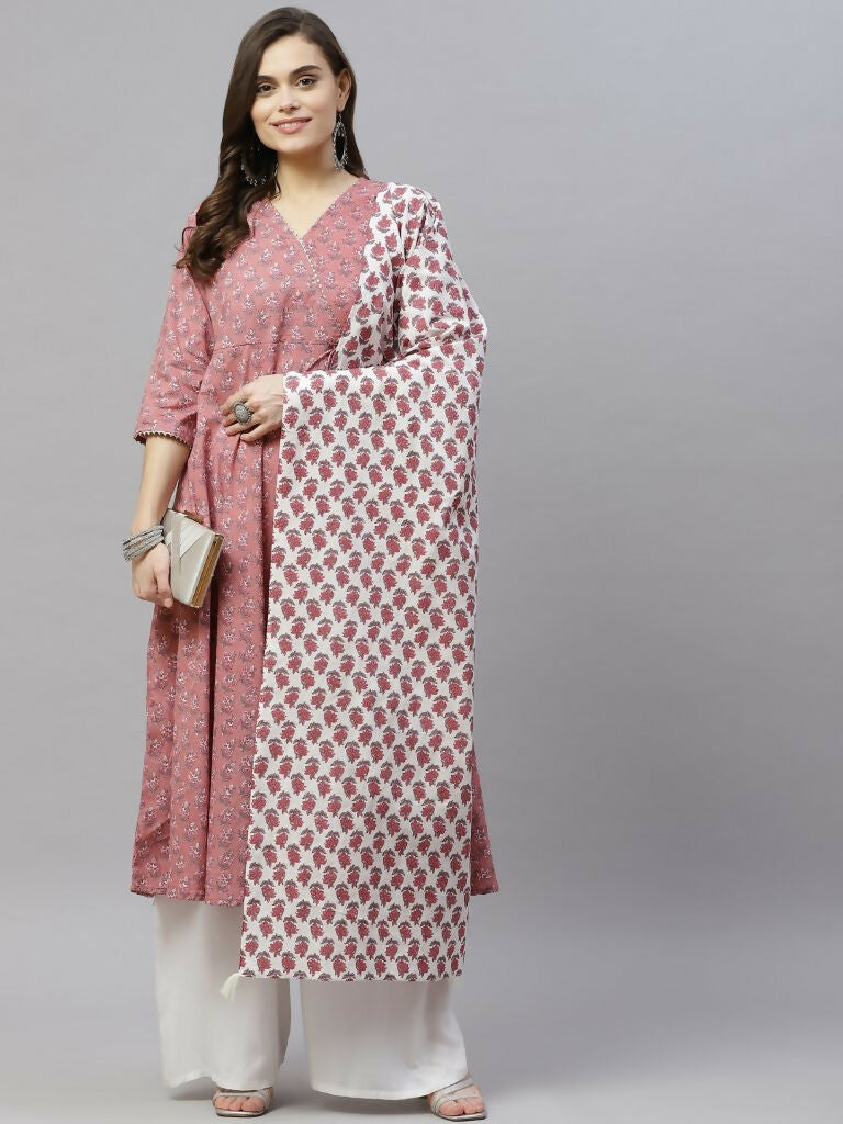 Miravan Women's Cotton Floral Print Anarkali Kurta With Dupatta | Grocsy