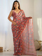 PR Fashion Red Georgette Digital Print With Mirror Work Saree | Grocsy