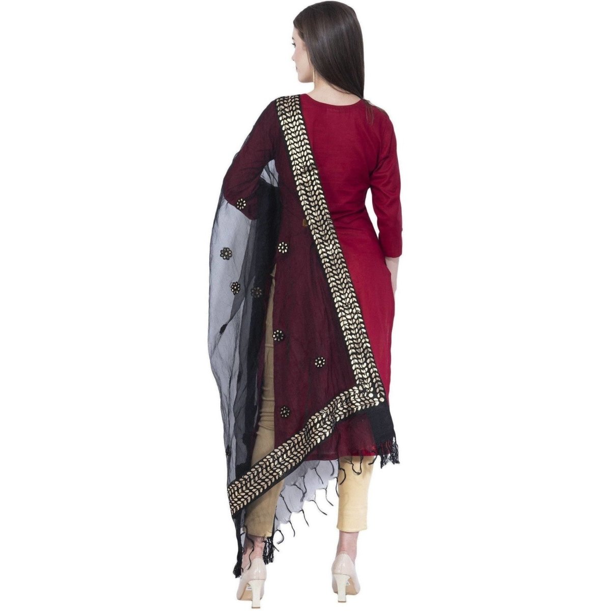 A R Silk Women's Gotta Patti Embroidery Orgenza Cotton Black Dupattas and Chunnis | Grocsy