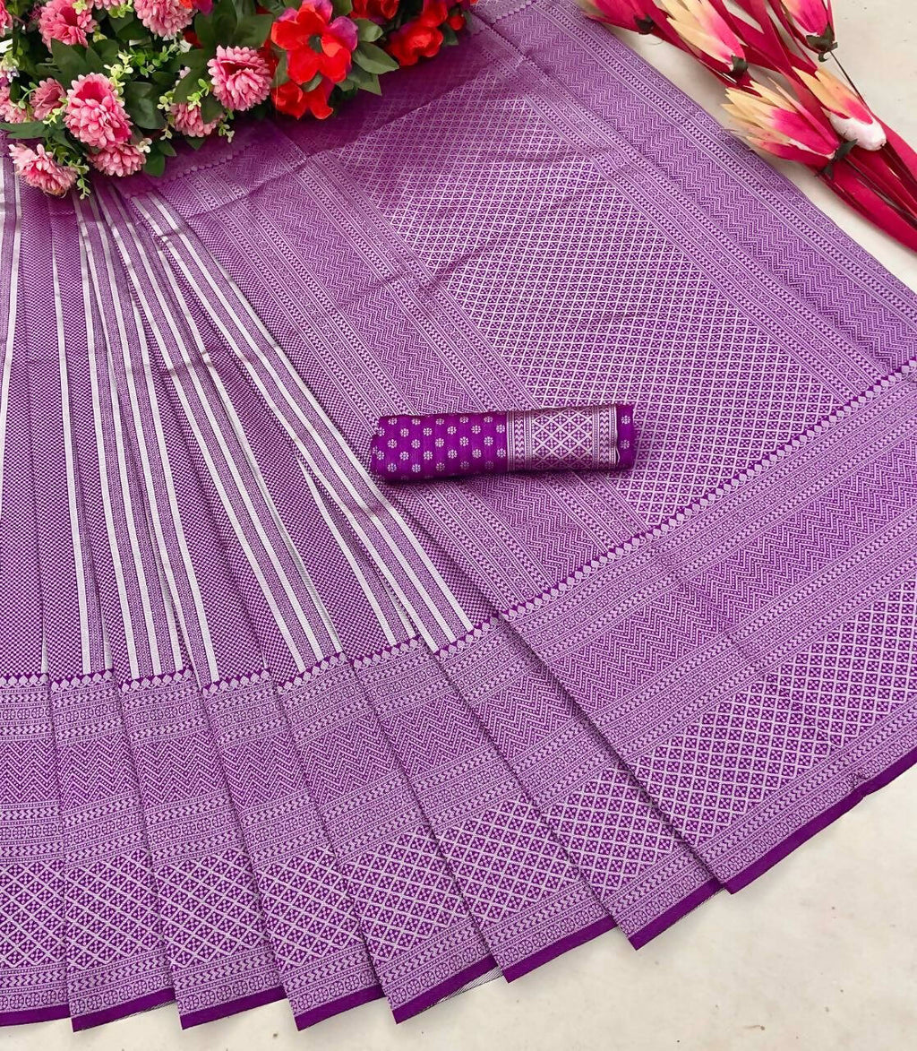 DEIANA'S Beautiful Designer Golden zari Soft Lichi Silk Saree - Purple | Grocsy