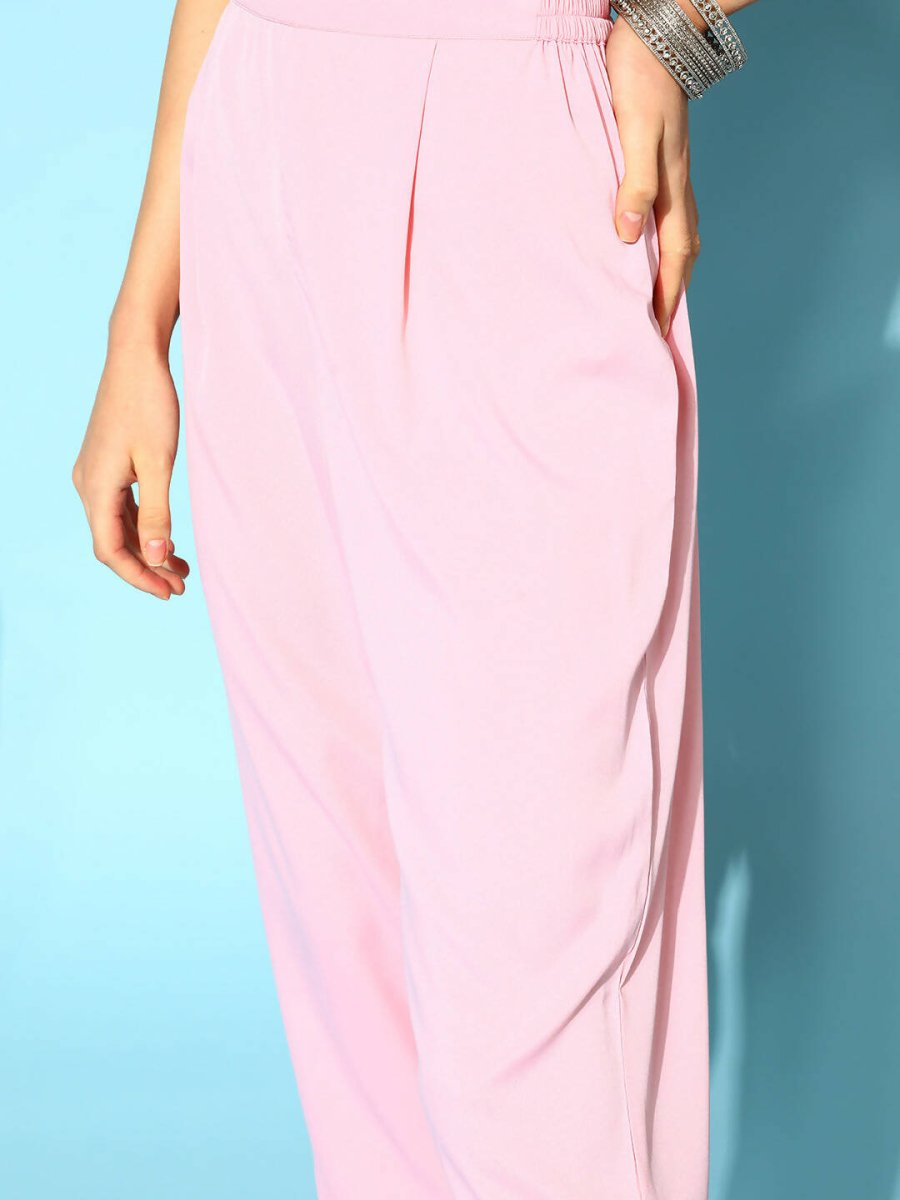 Ahalyaa Women Pastel Pink Colour Organza Glitter Printed Kurta Pant Set With Dupatta | Grocsy