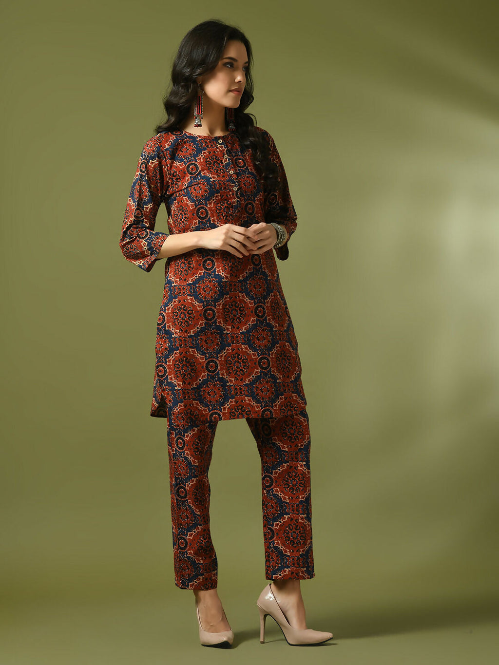 Myshka Women's Multi Printed Cotton Round Neck Party Tunic With Trousers Co-ord set | Grocsy