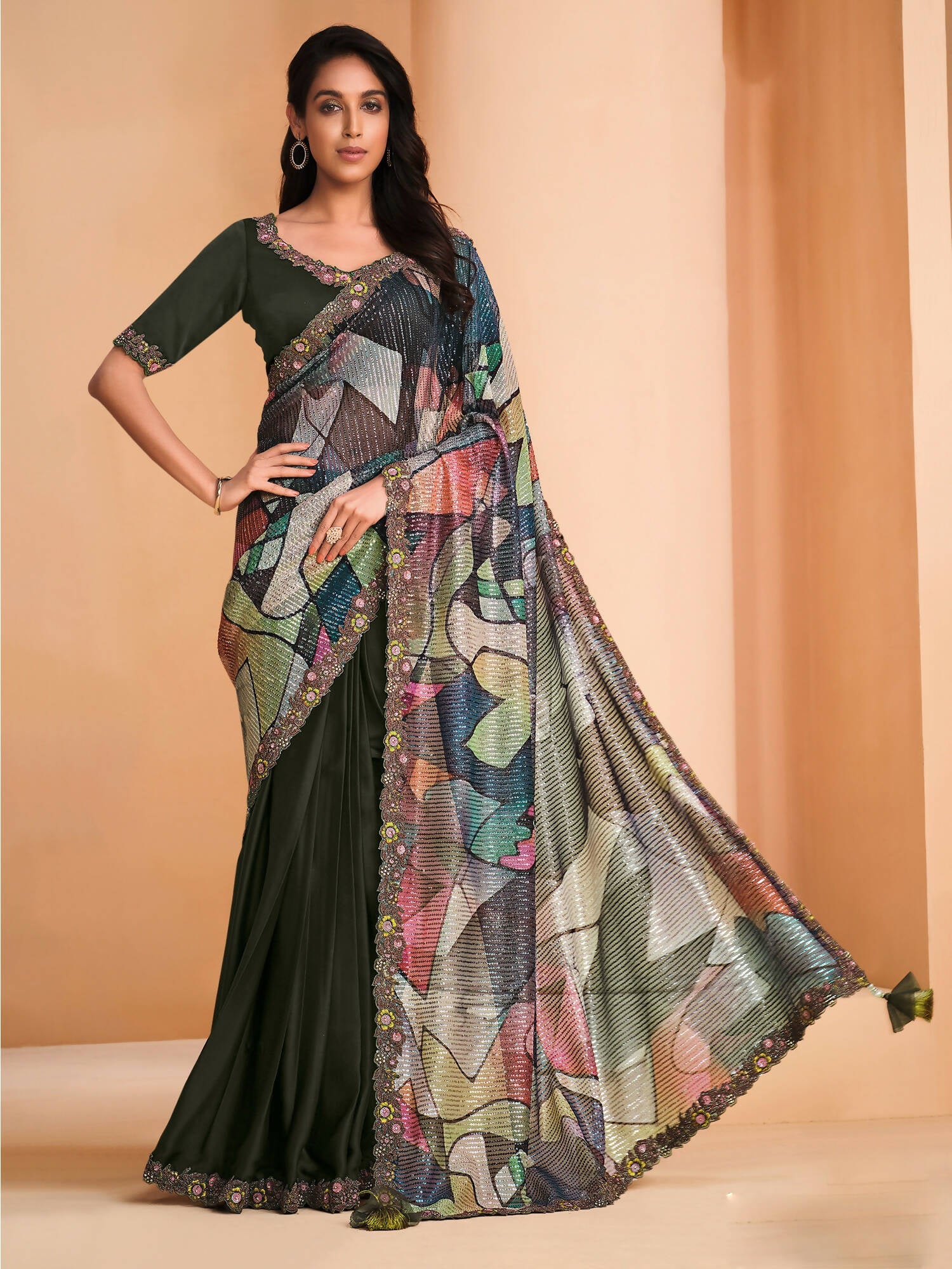 Green Satin Crepe Silk Sequence Embroidered Saree With Unstitched Blouse - Mohmanthan Yavanika | Grocsy
