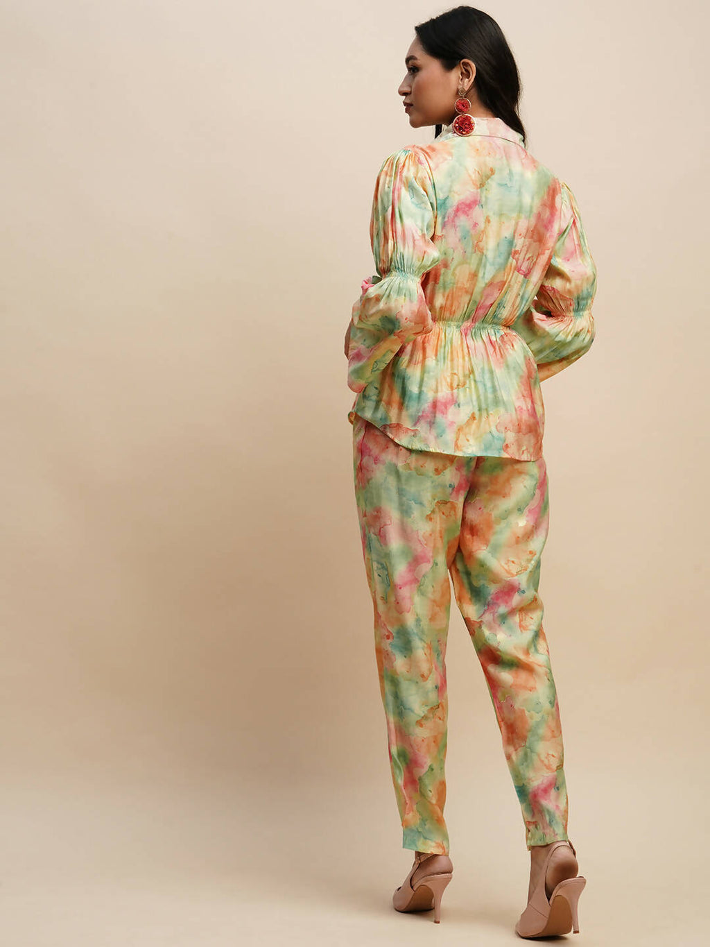 Light Green & Orange Poly Rayon Tie and dye Printed Top with Matching Trouser - Shivani | Grocsy