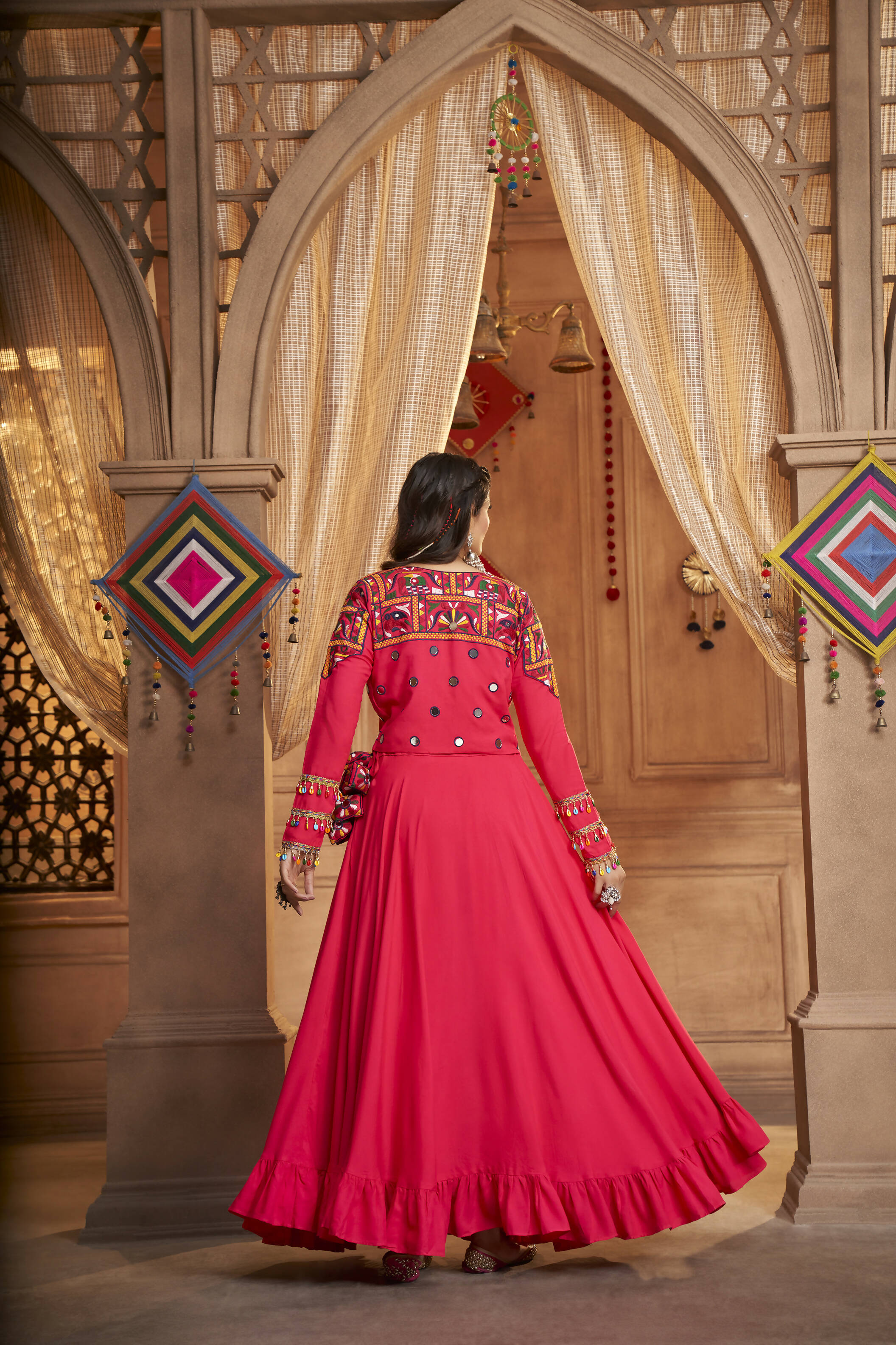 Rani Pink Viscose Rayon Thread Embroidered Work With Mirror All Over Navratri Lehenga Choli With Dupatta - Raas | Grocsy