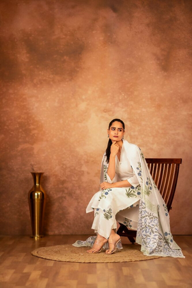 Joban Fashion Off White Blue Hand Block Printed Cotton Suit Set | Grocsy