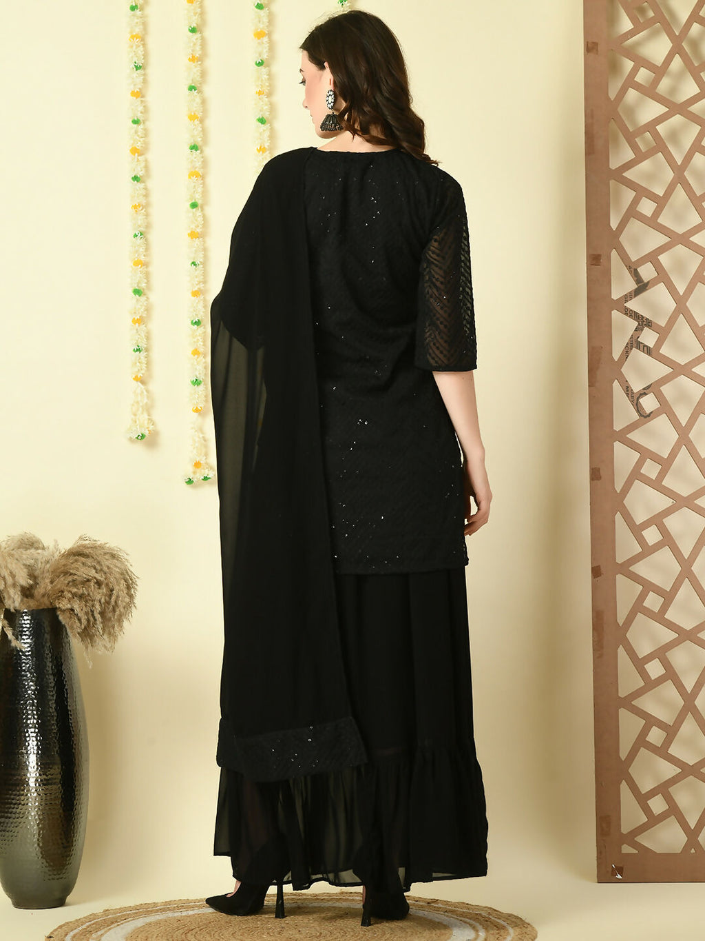 Myshka Women's Black Georgette Kurti & Skirt With Dupatta Party Sets | Grocsy
