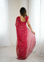 PR Fashion Pink Georgette Patta Plain With Foil Work And Small Lace And Zalar Lace Saree | Grocsy