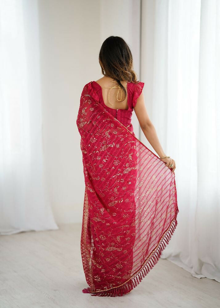 PR Fashion Pink Georgette Patta Plain With Foil Work And Small Lace And Zalar Lace Saree | Grocsy