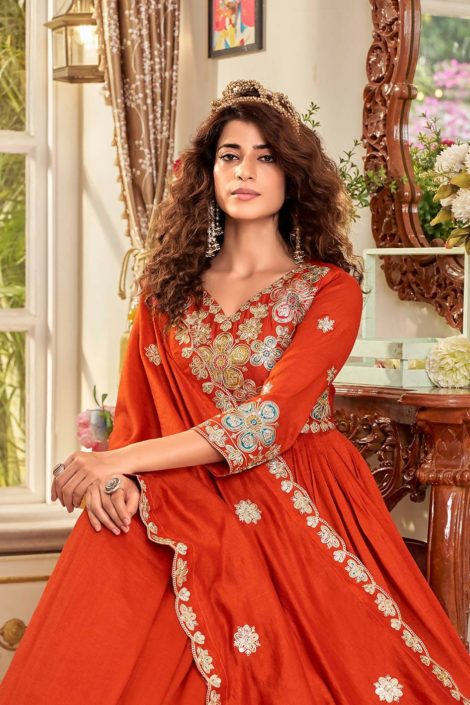 Teeya Creation Womens Casual Party Wear Heavy 5mm Sequence Embroidery Work Orange Gown Set | Grocsy