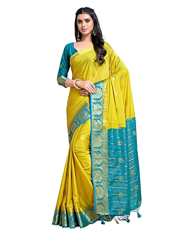 Mimosa Women's Yellow Mysore Silk Crepe Saree With Blouse | Grocsy