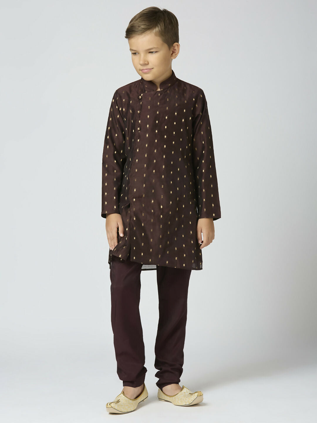 Joban Fashion Kids Island Full Sleeves Chanderi Kurta, Pyjama Set with Traditional Butta Work - Brown | Grocsy
