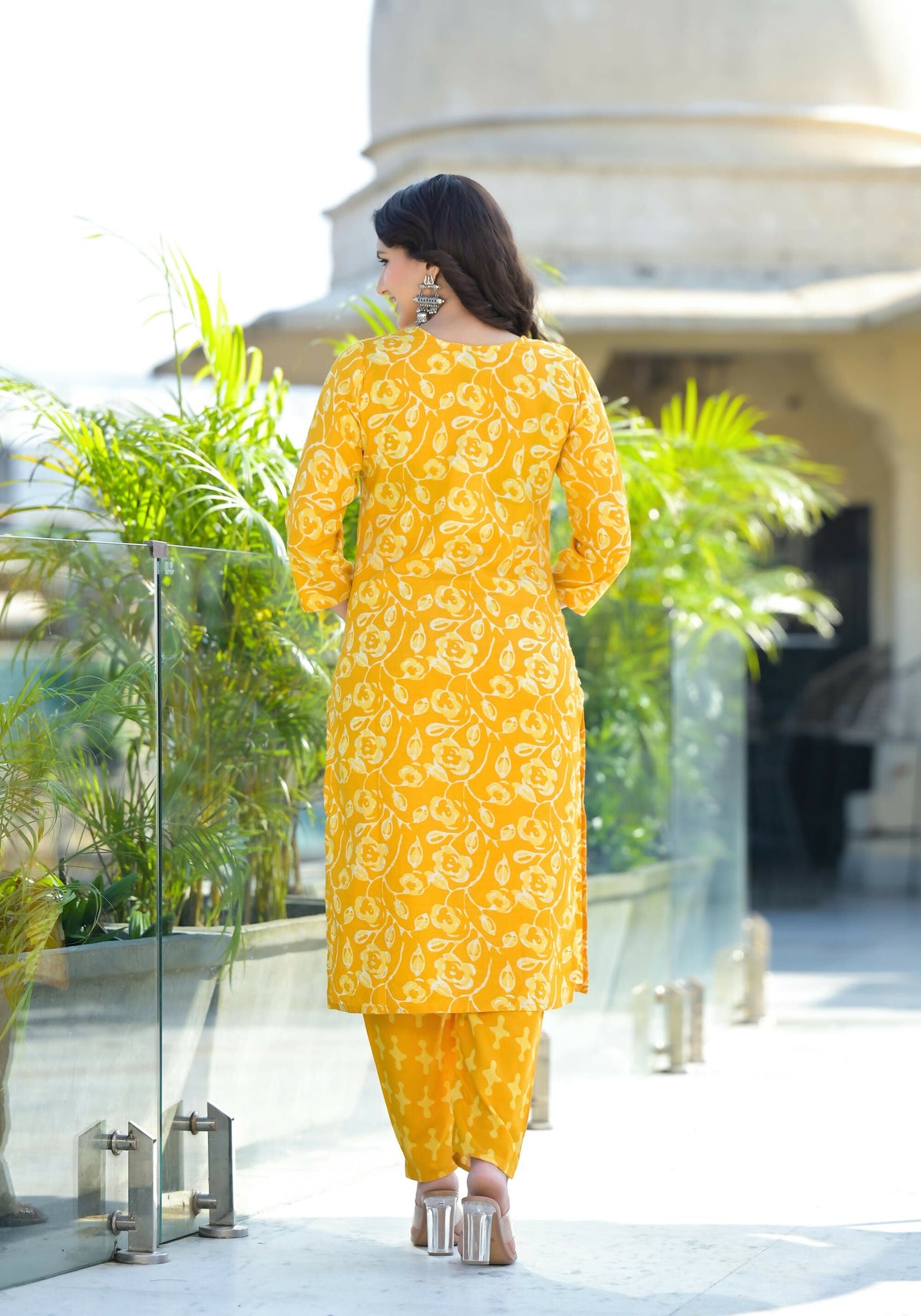 Juniper Women's Mustard Floral Printed Cotton Kurta Set With Thread Work & Sequins | Grocsy