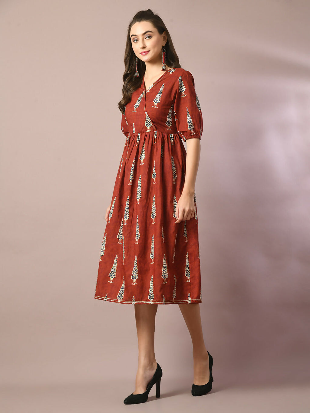 Myshka Women's Rust Printed Cotton V-Neck Empire Party Dress | Grocsy