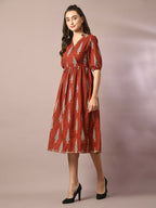 Myshka Women's Rust Printed Cotton V-Neck Empire Party Dress | Grocsy