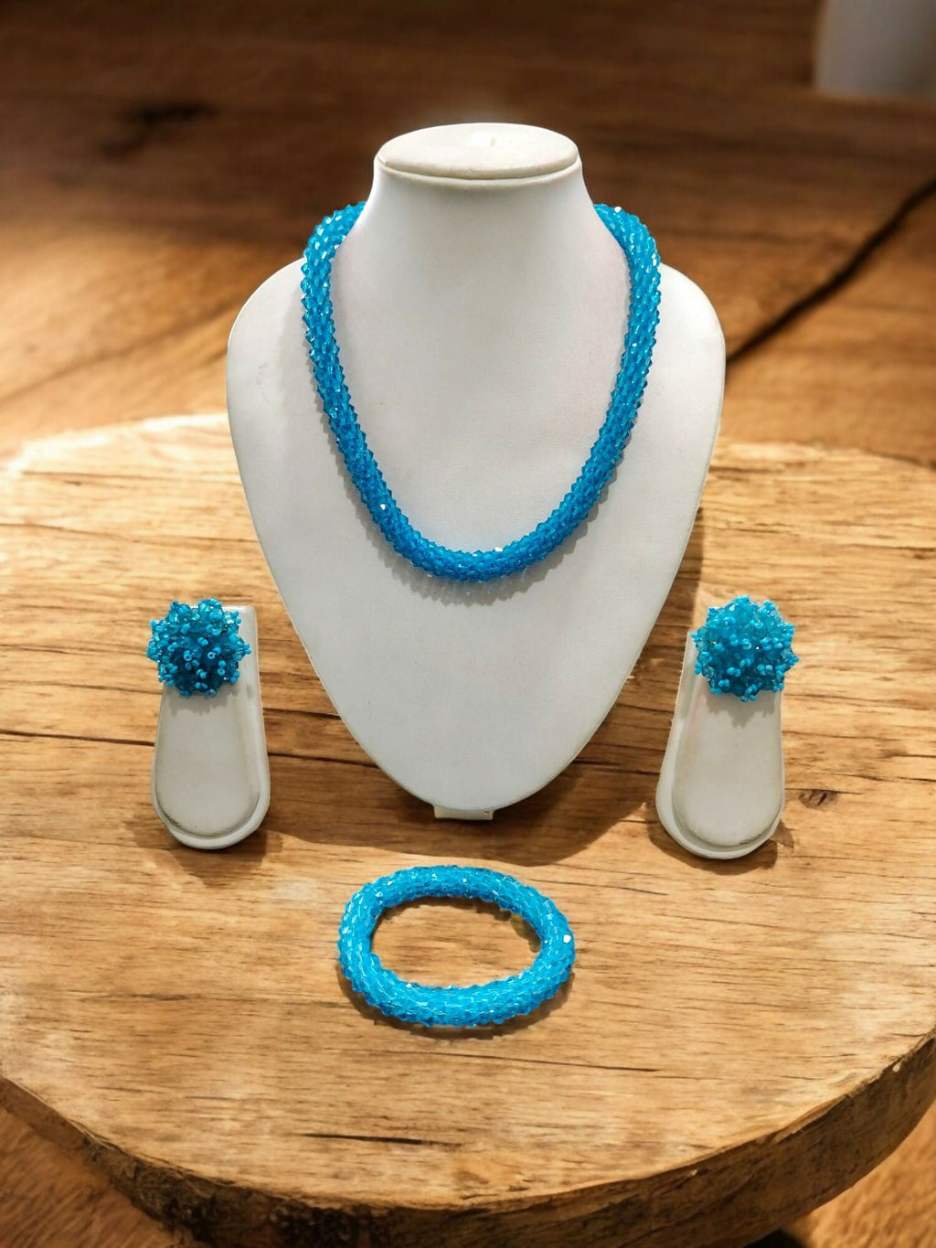 Inhanns Complete Look Crystal Statement 3-Piece Set (Adjustable Necklace + Earrings + Adjustable Bangle ) - Sky Blue | Grocsy