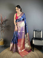 Prime Volt Pure Handloom Kanjivaram Katan Silk Saree with Antique Zari & Contrast Pallu-Royal Blue | Grocsy