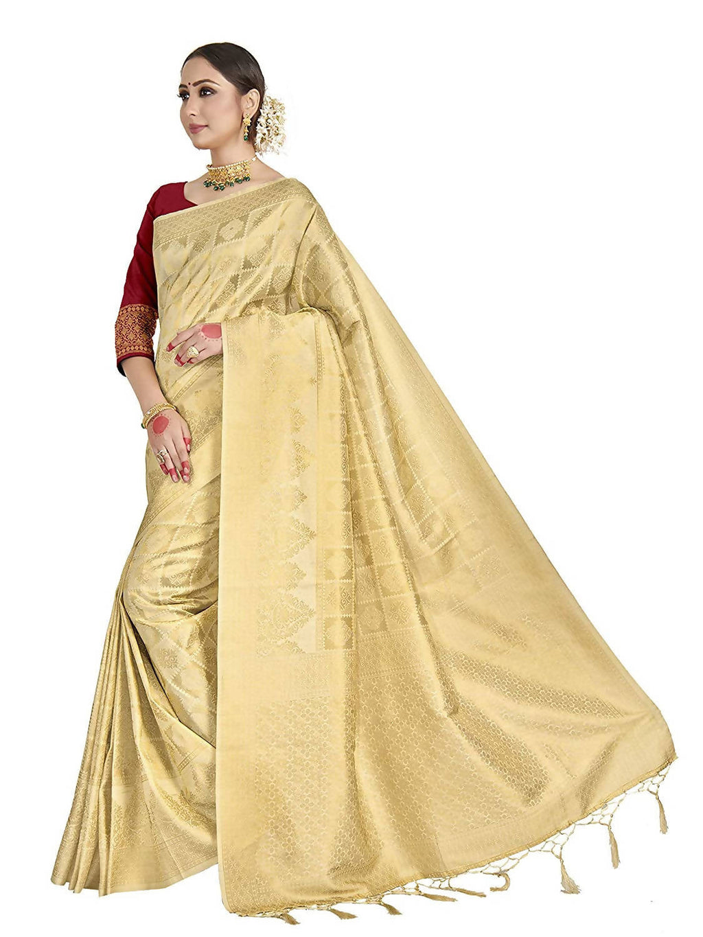 Vardha Women's Beige Kanchipuram Raw Silk Saree With Unstitched Blouse Piece | Grocsy