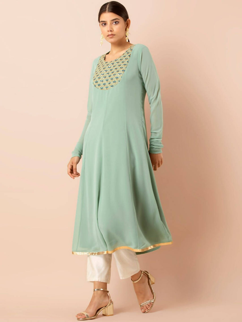 Indya Green Embroidered A-Line Kurta | Grocsy