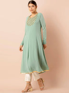 Indya Green Embroidered A-Line Kurta | Grocsy