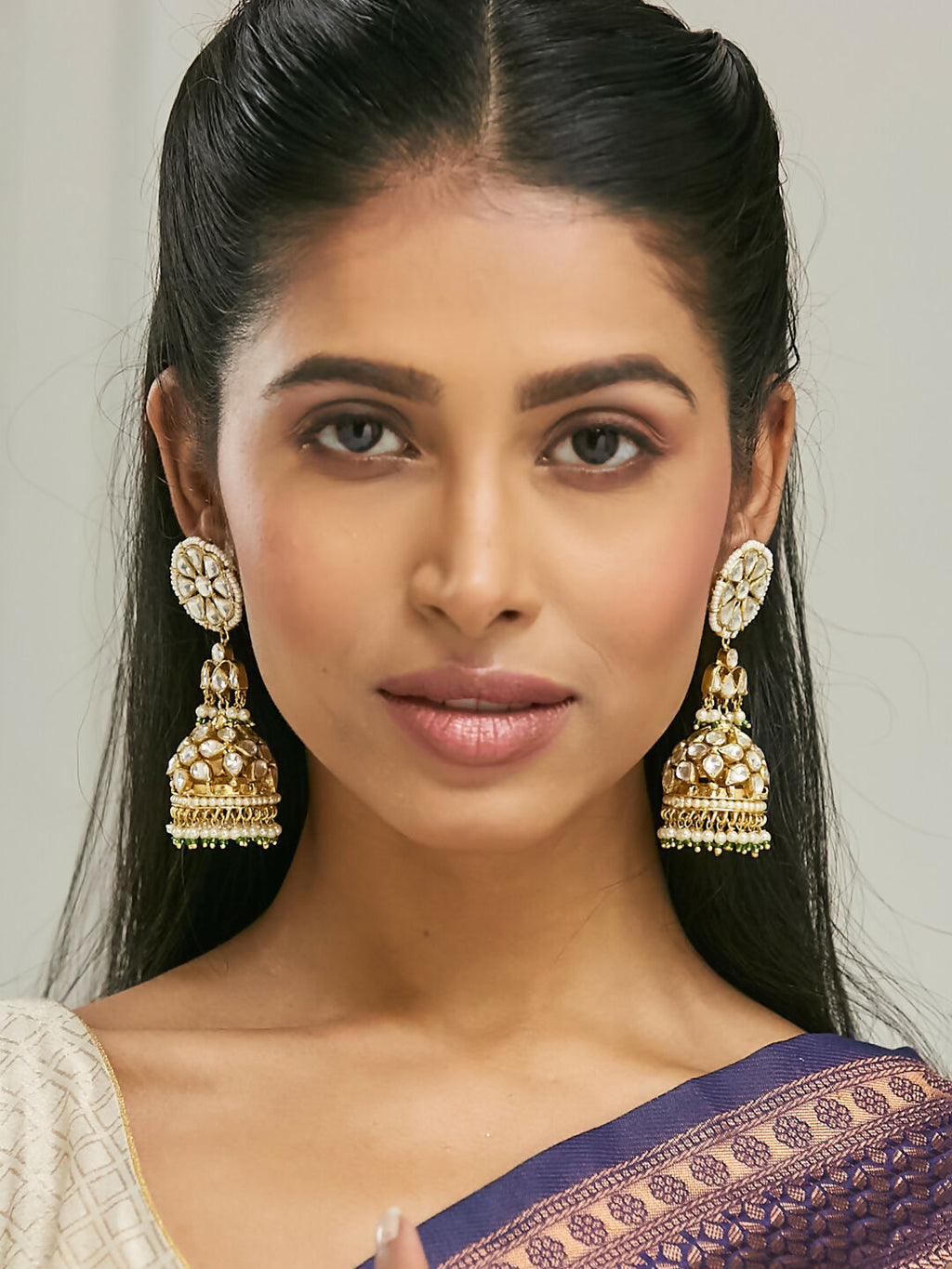 Nuyug 22K Gold-Plated Kundan Stone Studded & Pearl Beaded Dome Shaped Jhumkas | Grocsy