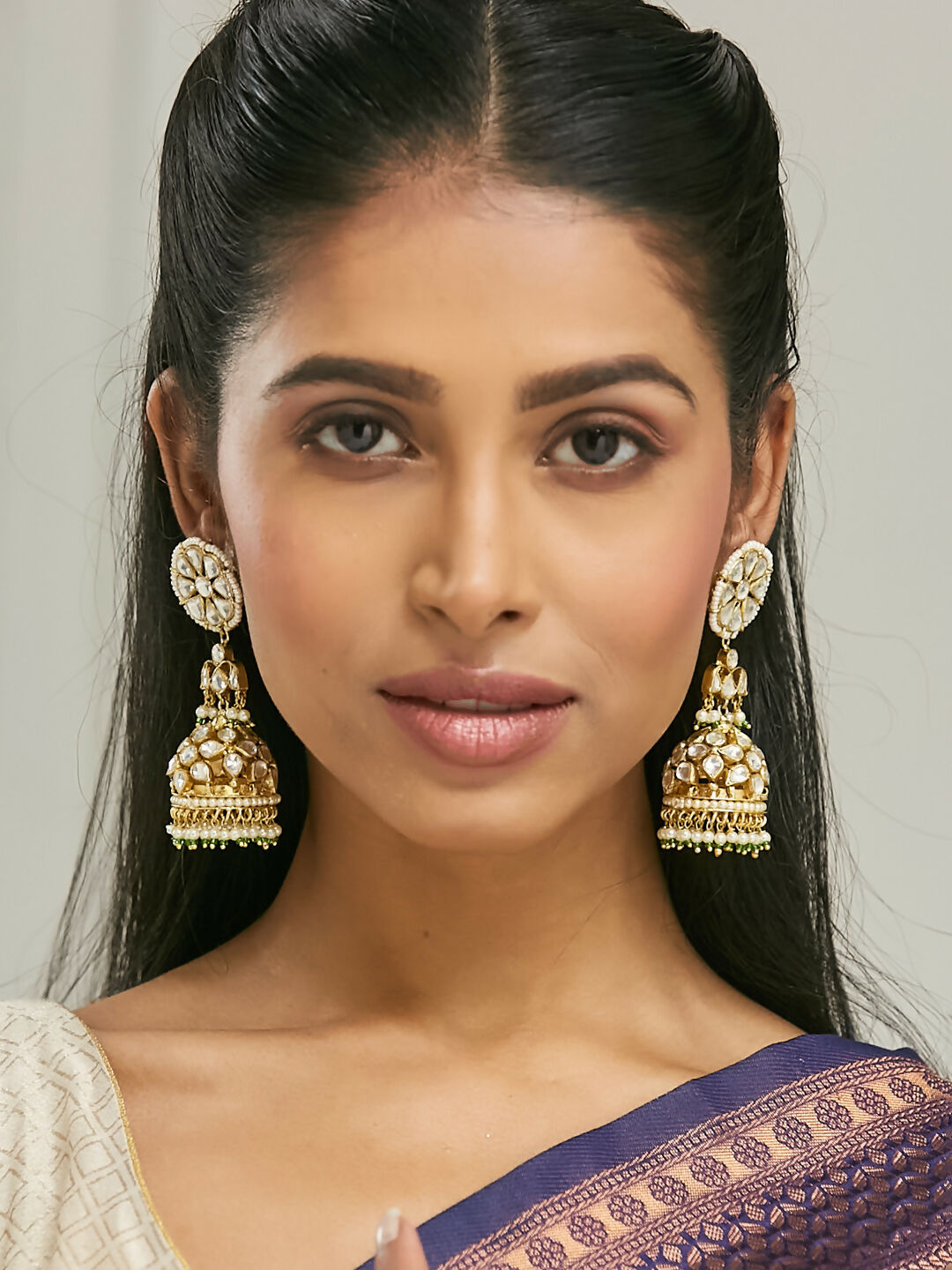 Nuyug 22K Gold-Plated Kundan Stone Studded & Pearl Beaded Dome Shaped Jhumkas | Grocsy