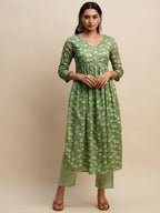 Green Pure Cotton Floral Printed Naira Cut Kurta And Bottom With Dupatta - Akashara | Grocsy