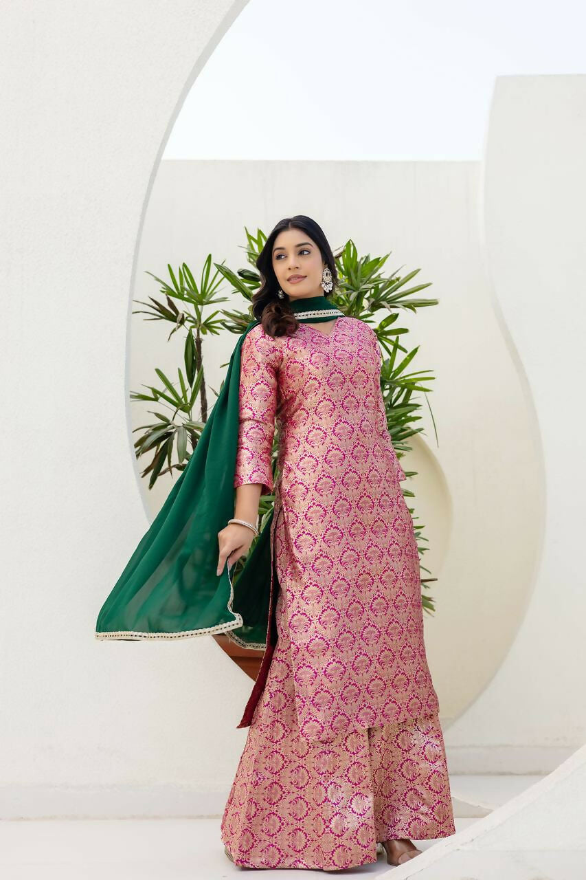 Joban Fashion Pink Jacquard Embroidered Sharara Set | Grocsy