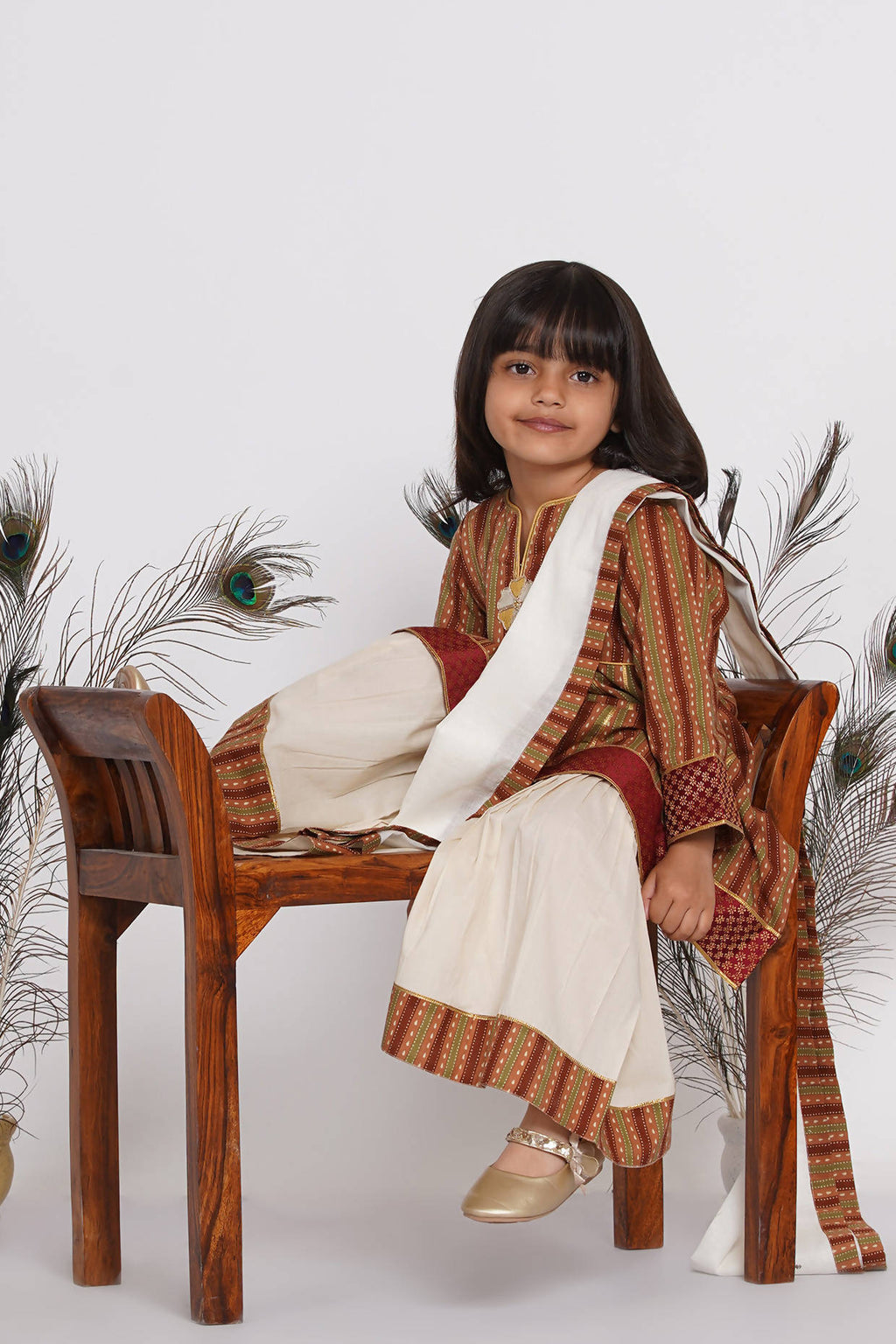 Little Bansi Girls Cotton Kurta frock with Sharara & Dupatta - Brown & Cream | Grocsy