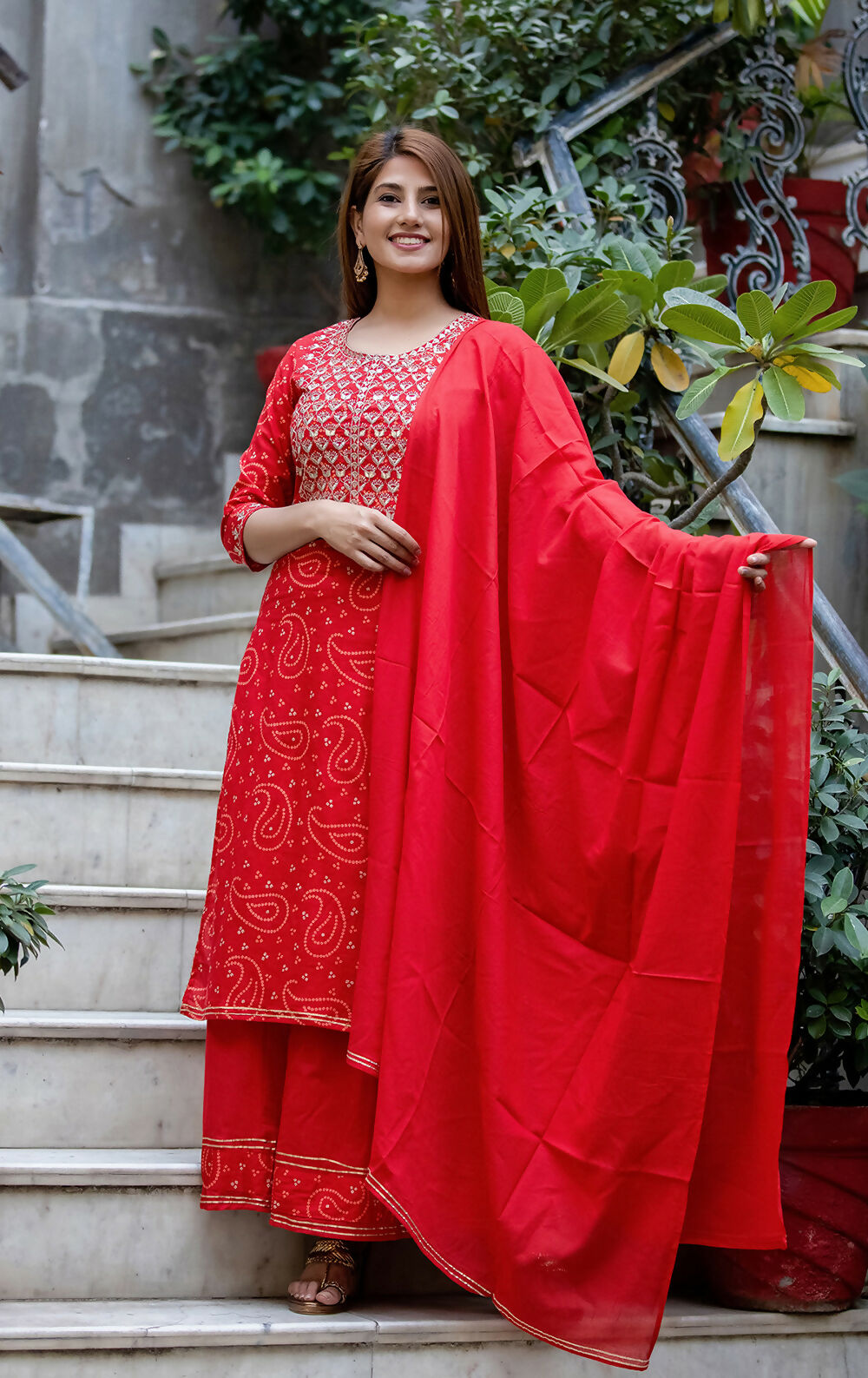 Kaajh Women's Red Bhandej Embroidered Kurta Sharara With Dupatta Set | Grocsy