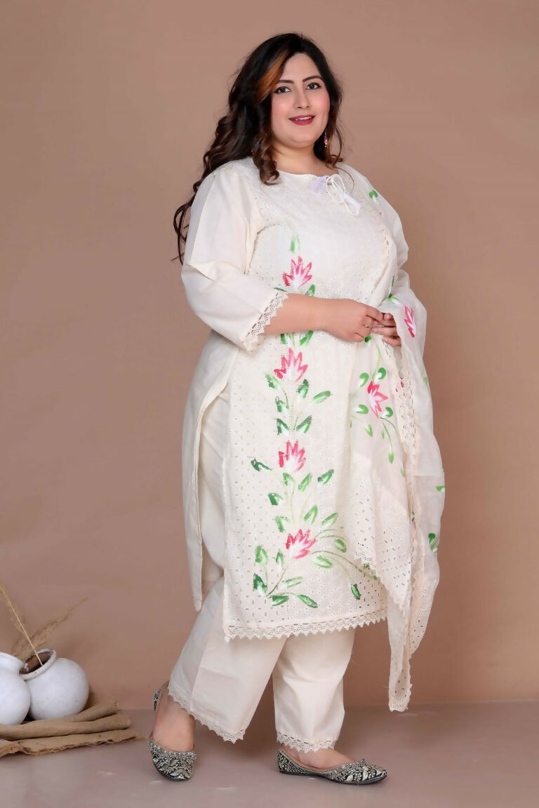 Miravan Women's Plus Size Cream Ethnic Motifs Hand Block Cotton Pakistani Kurta Palazzo With Dupatta | Grocsy