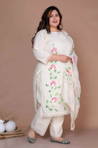 Miravan Women's Plus Size Cream Ethnic Motifs Hand Block Cotton Pakistani Kurta Palazzo With Dupatta | Grocsy