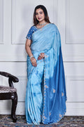 Morchari Sky Blue Crepe Hand Embroidery Saree And Stitched Blouse | Grocsy