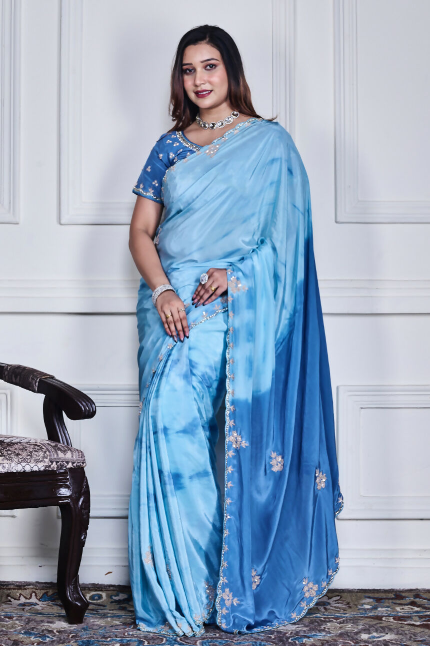 Morchari Sky Blue Crepe Hand Embroidery Saree And Stitched Blouse | Grocsy