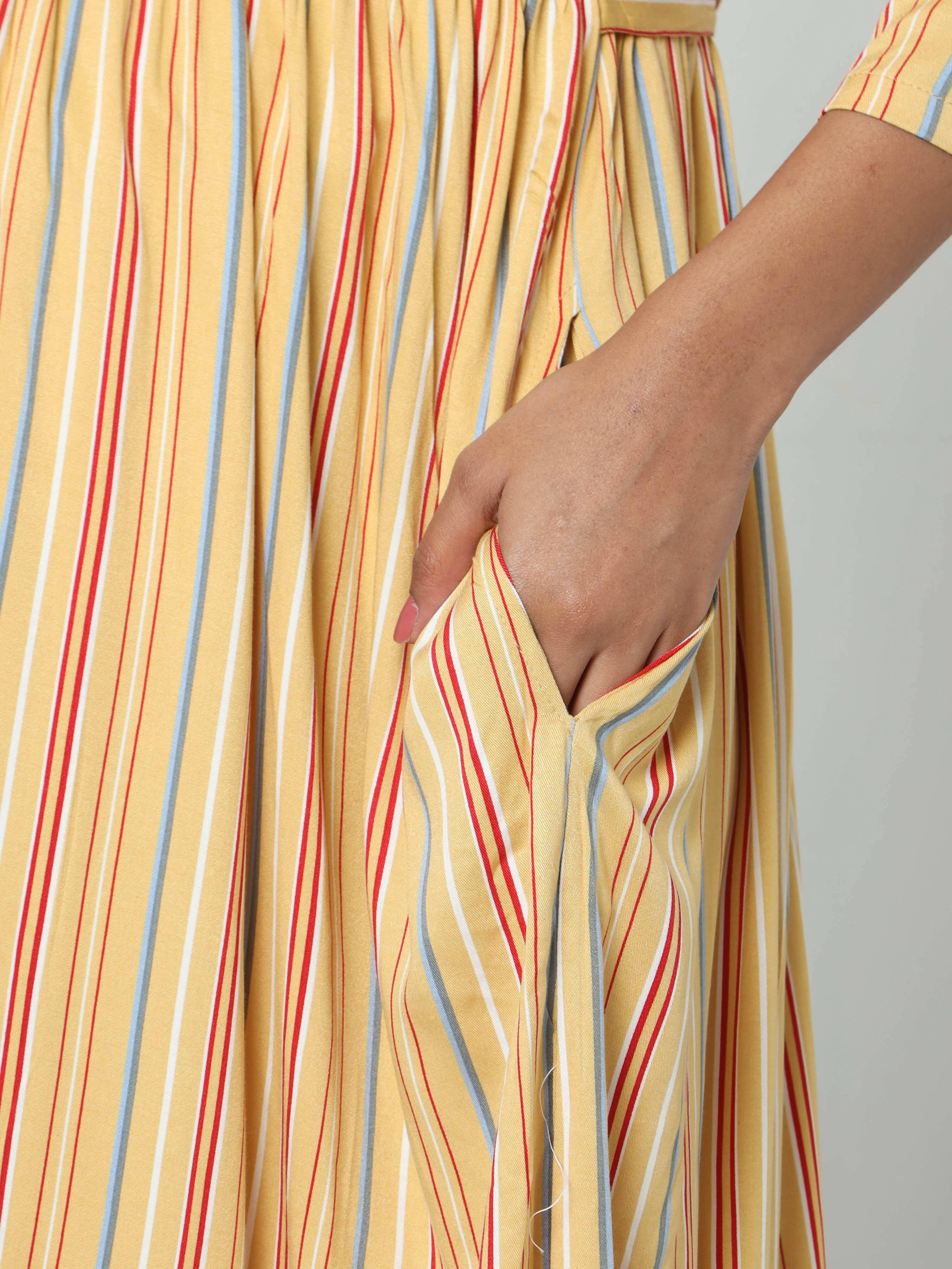 Manet Three Fourth Maternity Dress Striped With Concealed Zipper Nursing Access - Yellow | Grocsy