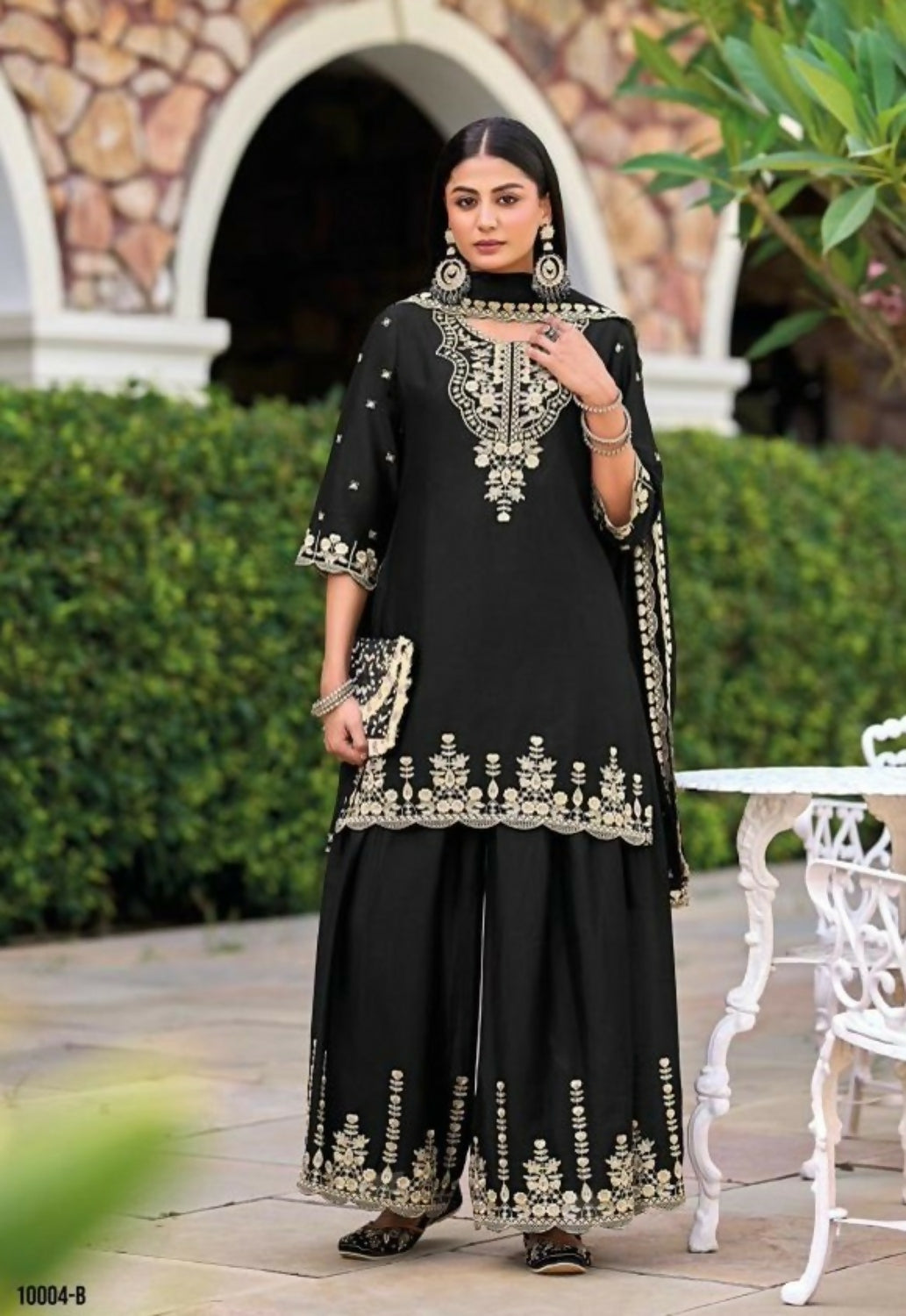 Anaita Black Chinon Readymade Palazzo Suit with Heavy Embroidery Work | Grocsy