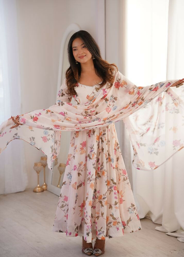 Teeya Creation Cream Faux Georgette Digital Print Party Wear Long Gown | Grocsy