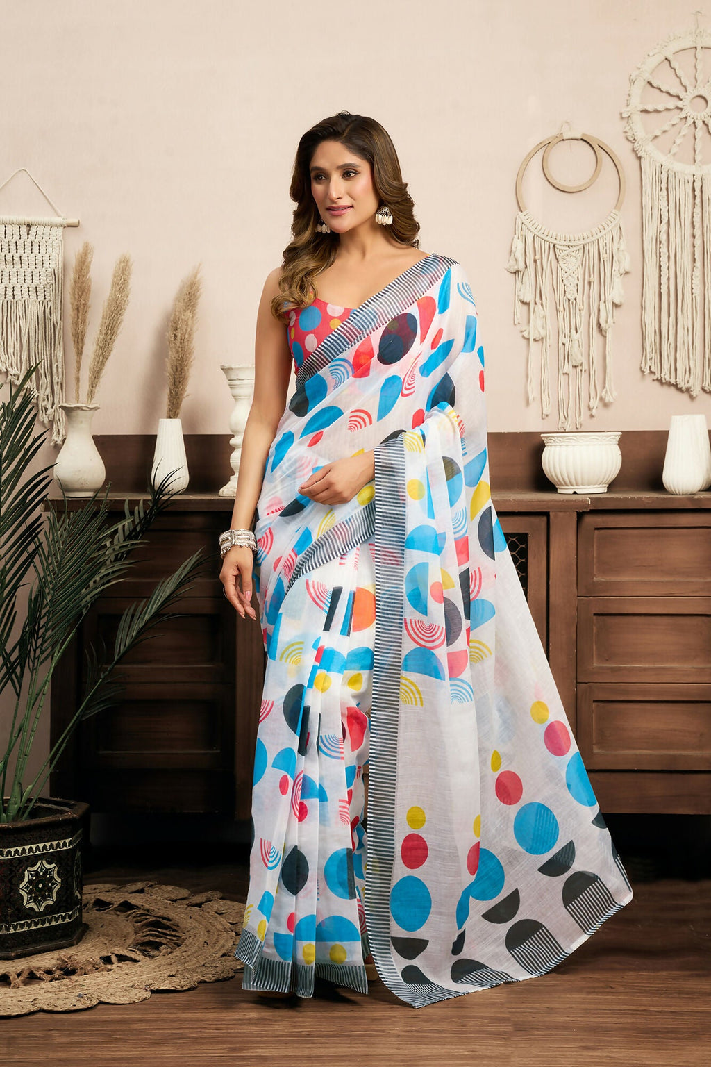 Vastranavya Multicolor Digital Printed Linen Ready To Wear Designer Saree with Unstitched Blouse | Grocsy
