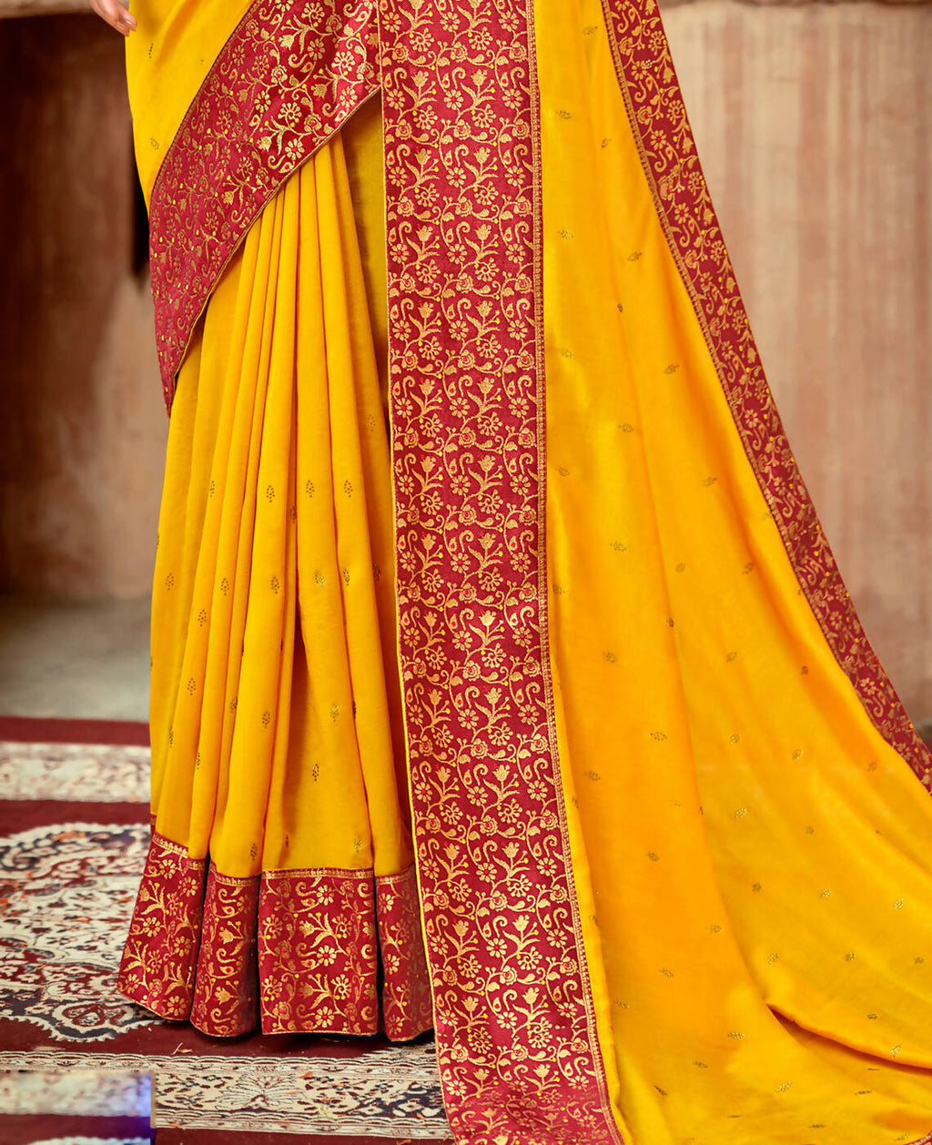 Mustard Vichitra Stone Work Saree With Unstitched Blouse Piece - Rosy | Grocsy
